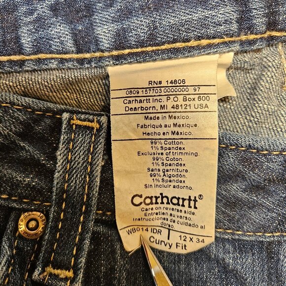 Carhartt curvy fit jeans Womens 12 denim Boot Cut Dark Wash Logo Mom casual work - Picture 4 of 12